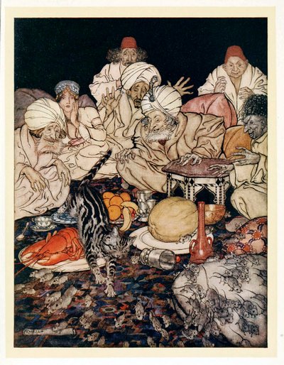 Als die Katze die Ratten und Mäuse sah, wartete sie nicht, bis sie es gesagt bekam, aus Englische Märchen, veröffentlicht 1922 von Arthur Rackham