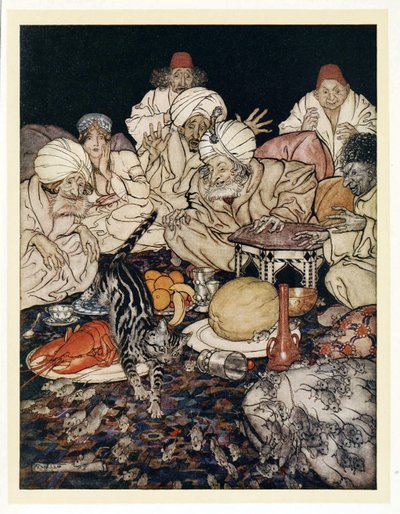 Als Puss die Ratten und Mäuse sah, wartete sie nicht, um es zu erfahren, aus Englische Märchen, 1922 von Arthur Rackham