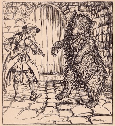 Als der Bär die Musik hörte, konnte er nicht anders, als zu tanzen. Illustration von Arthur Rackham aus Grimms Märchen, Der kluge kleine Schneider von Arthur Rackham