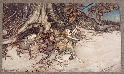 Wenn sie denken, dass man nicht hinschaut, hüpfen sie ziemlich lebhaft umher, aus Peter Pan in Kensington Gardens von J M Barrie, veröffentlicht 1906 von Arthur Rackham