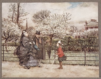 Wenn Sie im Garten auf Erwachsene treffen, die schnaufen und blasen, als ob sie sich größer fühlten, als sie sind (aus Peter Pan in Kensington Gardens von J. M. Barrie) von Arthur Rackham