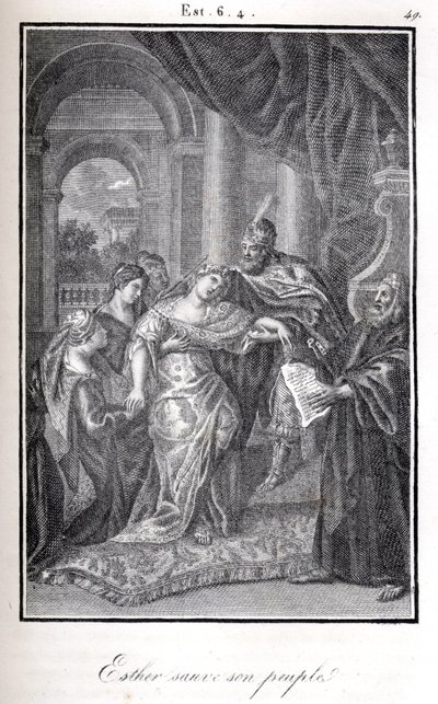 Bibel, Esther rettet ihr Volk, indem sie Ahaseuerus erzählt, dass Haman plante, sie zu töten (Gravur) von Artist Unknown