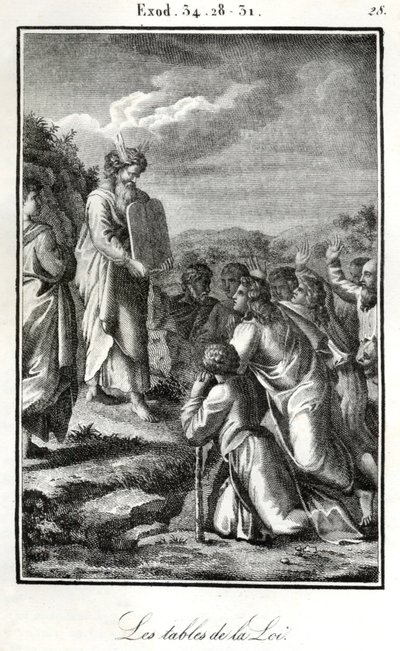 Bibel, Moses zeigt die zwei Tafeln mit den zehn Geboten (Gravur) von Artist Unknown