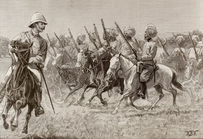 Britisches Empire (19. Jh.). Die neuen Regimenter von Burma. Kompanie der berittenen Infanterie des zweiten Regiments. Gravur. von Artist Unknown