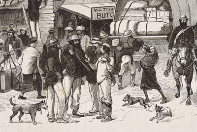 England (19. Jahrhundert). Kolonisation (1880). Das Leben der Goldgräber in Australien. Englische Kolonie Botany Bay (gegründet 1788), die anfangs hauptsächlich von Kriminellen bevölkert war, die zu Goldsuchern und Händlern wurden. Gravur. Private Sammlung von Artist Unknown