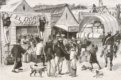 England (19. Jahrhundert). Kolonisation (1880). Das Leben der Goldgräber in Australien. Englische Kolonie Botany Bay (gegründet 1788), ursprünglich hauptsächlich von Kriminellen besiedelt, die zu Prospektoren und Händlern wurden. (Stich) von Artist Unknown