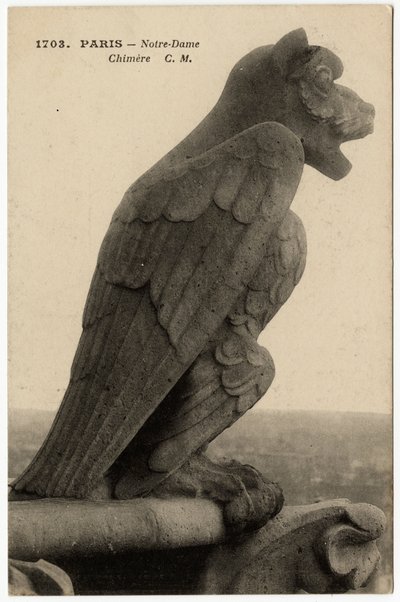 Wasserspeier oder Chimäre der Kathedrale Notre Dame de Paris, erbaut zwischen 1163 und dem 14. Jahrhundert - Postkarte, Selva-Sammlung von Artist Unknown