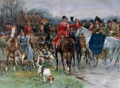 Jagd in England. Mann in Jagdkleidung und Frauen auf Amazonenpferden versammeln sich vor der Jagd (Gravur) von Artist Unknown