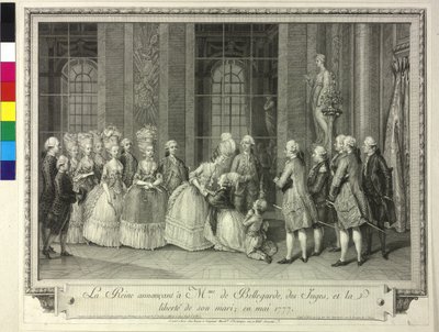 Königin Marie Antoinette kündigt Madame de Bellegarde 1777 die Freilassung ihres Gatten an von Artist Unknown