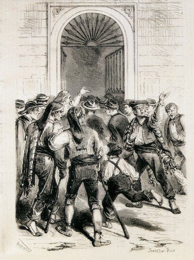 Spanien (1873). Proklamation der Ersten Republik und Erstürmung des Rathauses von Barcelona (11. Februar 1873). Radierung. von Artist Unknown