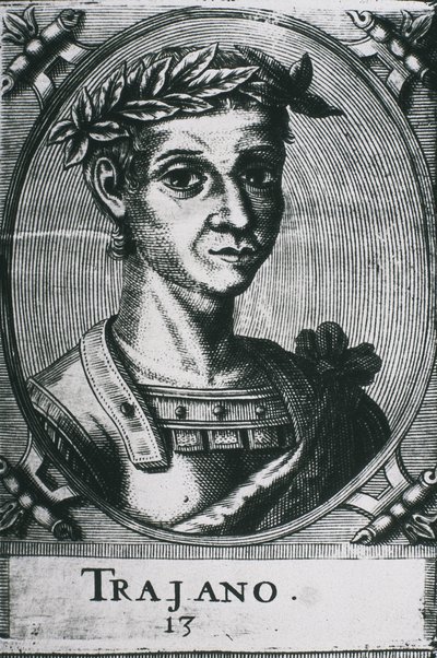 TRAJAN, Marcus Ulpius Traianus (53-117). Porträt von Trajan mit Lorbeeren. (Detail) von Artist Unknown