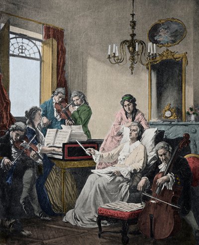 Wolfgang Amadeus Mozart (1756-1791) stirbt, dirigiert eine Musikergruppe für das Requiem, das er gerade beendet hat von Artist Unknown