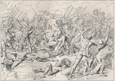 Peloponnesischer Krieg: Die Schlacht von Potidea, in der der griechische Philosoph Sokrates das Leben von Alkibiades rettete. (Gravur nach Carstens) in „Les ecoliers a travers les ages“ von L. Tarsot 1893. von Asmus Jacob (after) Carstens