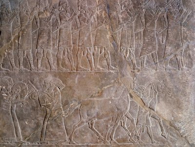 Orientalische Altertümer: Detail eines Basreliefs aus Kalkstein: die Musiker der Rüstung von Assurbanipal oder Ashurbanipal, König von Assyrien (Mesopotamien) (669 v. Chr.-627 v. Chr.). 640 v. Chr. Aus Ninive. Paris, Louvre Museum von Assyrian