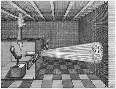 Eine Camera Obscura (Zauberlaterne) projiziert das Bild eines Mannes, der in der Hölle brennt - (Zauberlaterne. Pater Kirchers Zauberlaterne. Früher Laternenbildprojektor) In „Ars Magna Lucis Et Umbrae“ von Athanasius Kircher. von Athanasius Kircher