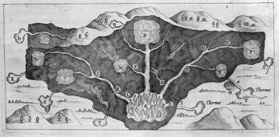 Querschnitt der Erdkruste, der Athanasius Kircher die Herkunft der Thermalquellen demonstrieren lässt von Athanasius Kircher
