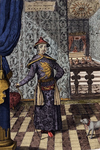 Der chinesische Kaiser und oberste Herrscher der Tartaren - Chinesischer Kaiser Kangxi (1652-1722) Qing-Dynastie, Gravur von Athanasius Kircher (1601-1680) aus „China Monumentis, qua sacris qua profanis“ 1667 von Athanasius Kircher