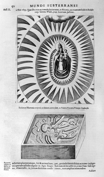 Jungfrau und Kind und ein menschliches Skelett, 1678 von Athanasius Kircher