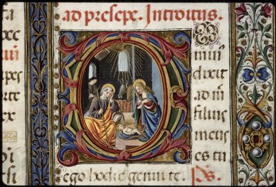 Missel de Thomas James: Detail einer Lettrine D: die Geburt. von Attavante degli Attavanti