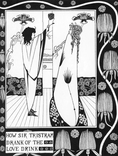 Artus-Sage: Tristan trinkt den Liebestrank Gravur in Die Geschichte von Tristan und seinen Abenteuern, die seine Liebesgeschichte mit Isolde umfasst von Sir Thomas Malory, Ausgabe illustriert von Aubrey Beardsley (1872-1898) 1893-1894 von Aubrey Beardsley