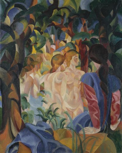Badende Mädchen mit Stadt im Hintergrund von August Macke