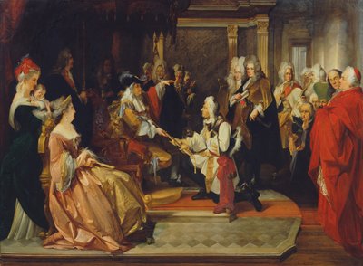 Kaiser Karl VI. übergibt das Ehrenschwert an Prinz Eugen nach der Schlacht von Belgrad, 1865 von August Wenzel Mantler