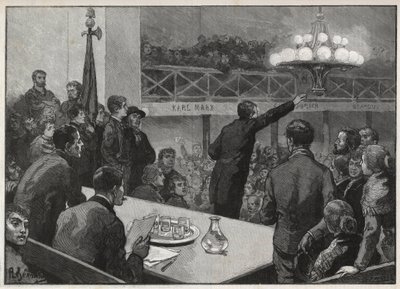 Versammlung für den Streik im Vooruit 1885 - Gravur in „Le monde illustré“ - Zeichnung von Gerardin von Auguste (after) Gerardin
