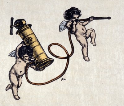 Die Freuden des Klistiers. Zwei Engel tragen eine Pumpe für einen Einlauf. Illustration von Auguste Leroux (1871-1954) von Auguste (after) Leroux