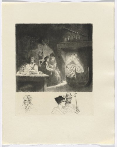 Frédéric Mistral: Mémoires et Recits von Frédéric Mistral: Familienszene/Büste von drei Figuren (Einlage nach S. 48) von Auguste Brouet