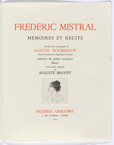 Frédéric Mistral: Mémoires et Recits: Titelseite, Büste einer Frau im Profil von Auguste Brouet