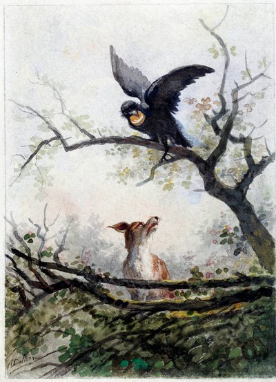 Der Fuchs und der Rabe. Illustration der Fabel von Jean de La Fontaine (1621-1695) von Auguste Delierre