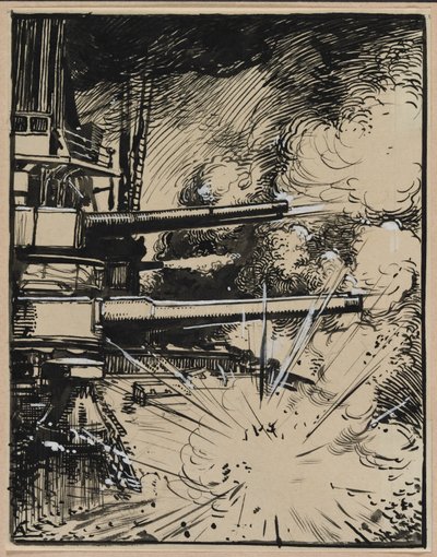 Bombe explodiert auf einem gepanzerten Schiff mit gezielten Kanonen von Auguste Louis Lepère