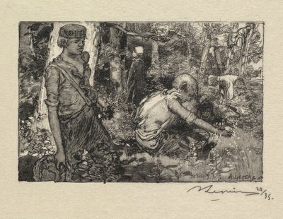 Fontainebleau-Wald: Maiglöckchensammler (La Forêt de Fontainebleau: La Cueillette du Muguet) von Auguste Louis Lepère