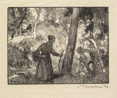 Wald von Fontainebleau: Pilzsammler am Rocher Bernard, 1890 von Auguste Louis Lepère