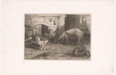 Schwein, Hühner und Kaninchen bei einem Schuppen von Auguste Numans (attributed to)