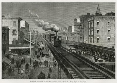 Doppelspur der Airline Railway auf der Seventh Avenue, New York, New York. Edouard de Laveleye, 1878-1879, veröffentlicht in Le tour du monde, unter der Leitung von Edouard Charton (1807-1890) von Auguste Victor Deroy