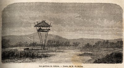 Ein Reiswächter, nahe Batavia (heutiges Jakarta). Zeichnung von M. de Molins, zur Illustration seiner Reise nach Java von Auguste de Molins