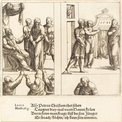 Christus vor Kaiphas und Petrus verleugnet Christus, 1548 von Augustin Hirschvogel