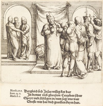 Christus wird verspottet, und Kaiphas zerreißt seine Kleider von Augustin Hirschvogel