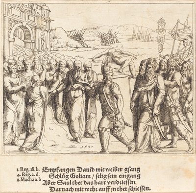 David wird nach dem Töten Goliaths begrüßt, und Sauls Eifersucht von Augustin Hirschvogel