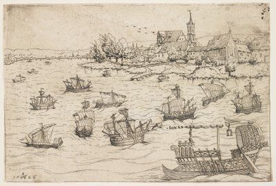 Jona und der Wal auf einem See mit Segelschiffen, 1546 von Augustin Hirschvogel