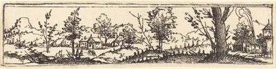 Landschaft mit sechs einzelnen Bäumen und drei kleinen Bauernhäusern von Augustin Hirschvogel
