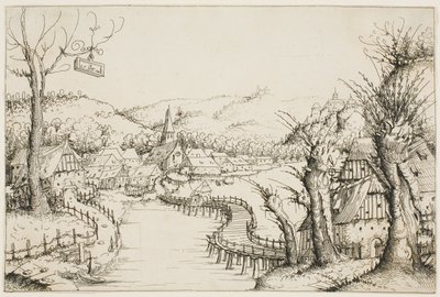Landschaft mit einer gebogenen Holzbrücke von Augustin Hirschvogel