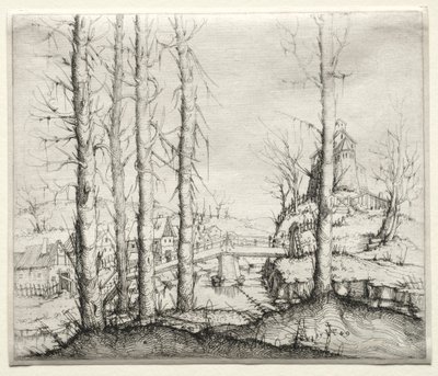 Flusslandschaft mit fünf kahlen Fichten im Vordergrund von Augustin Hirschvogel