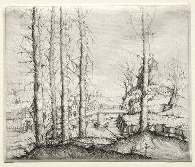 Flusslandschaft mit fünf kahlen Fichten im Vordergrund von Augustin Hirschvogel