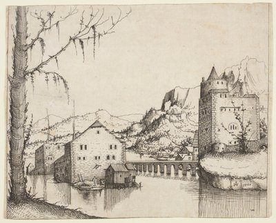 Flusslandschaft mit zwei Gebäuden, verbunden durch eine Brücke von Augustin Hirschvogel