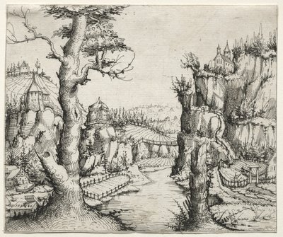 Flusslandschaft mit Felsen links und rechts von Augustin Hirschvogel