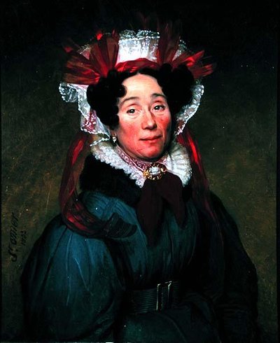 Porträt einer Dame mit roter und weißer Haube von Augustine Cochet St. Omer