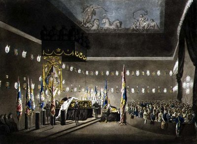 Überreste von Lord Viscount Nelson im Painted Chamber im Greenwich Hospital, graviert von J. Merigot, veröffentlicht 1806 von Augustus Charles (after) Pugin