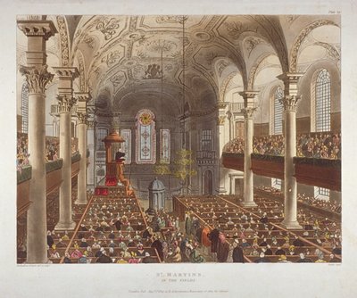 Innenraum der Kirche St. Martin-in-the-Fields, Westminster, London, 1809 von Augustus Charles Pugin, Thomas Rowlandson